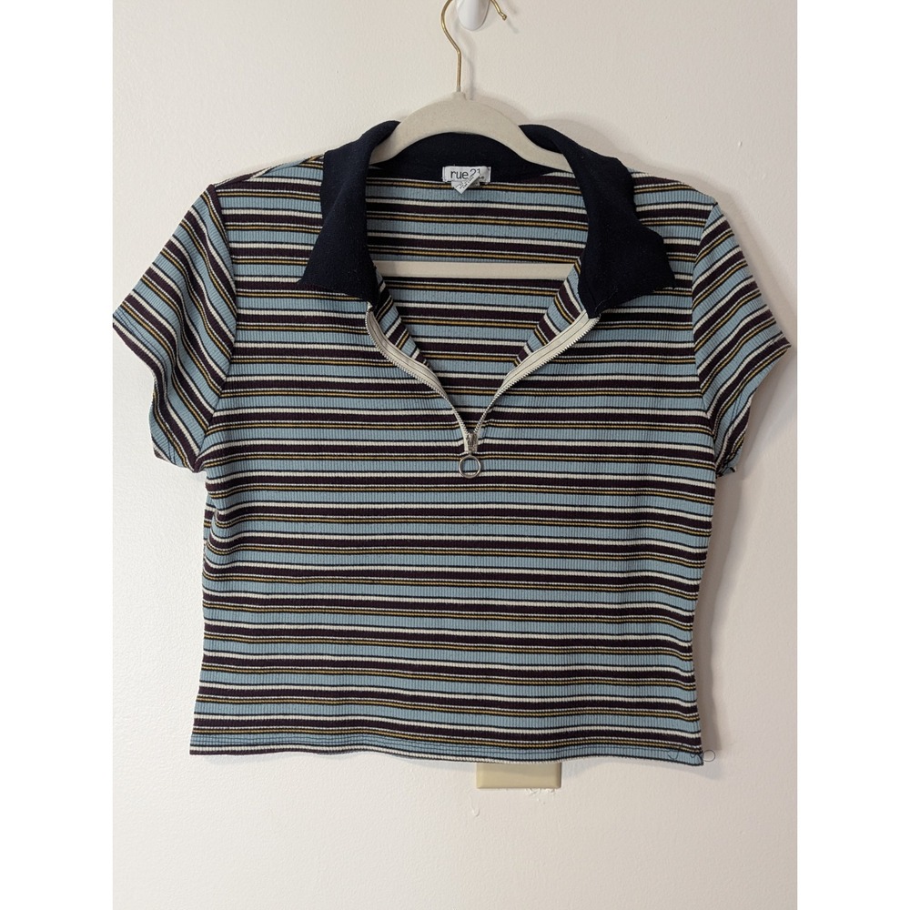 Rue21 Womens XL Striped Ribbed Quarter Zip Polo Shirt Blue Burgundy Short Sleeve